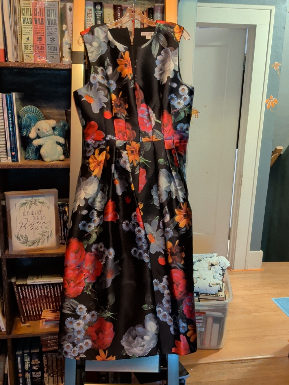 Kay Unger Black Midi Dress with Red, Orange, Purple & White Floral Print